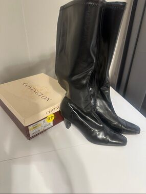 Covington Black Leather Mid-Calf Heeled Boots